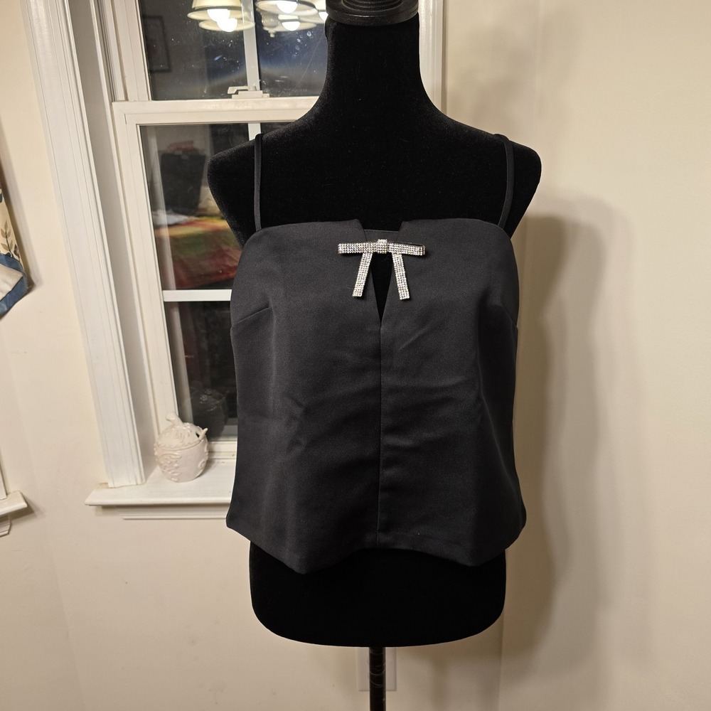 H&M Divided Black Spaghetti Strap Crop Top with Rhinestone‎ Bow Detail Size M